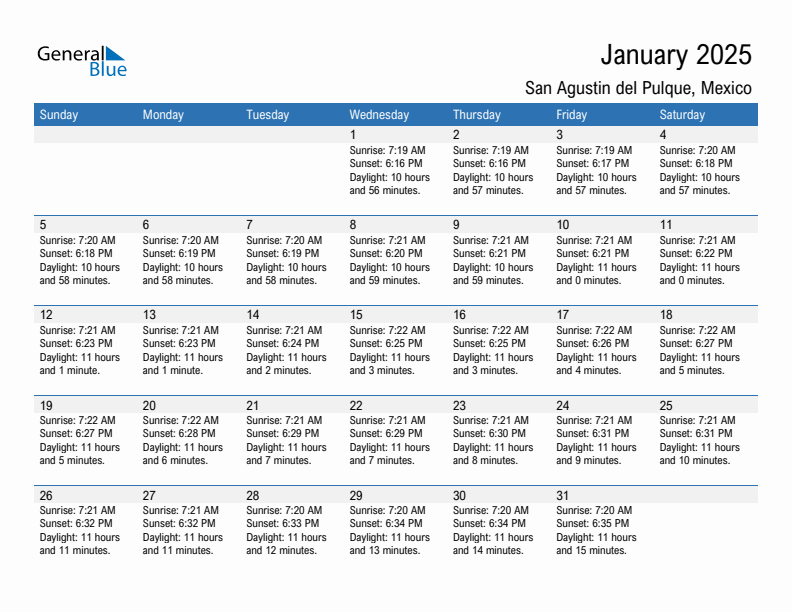 San Agustin del Pulque January 2025 sunrise and sunset calendar in PDF, Excel, and Word