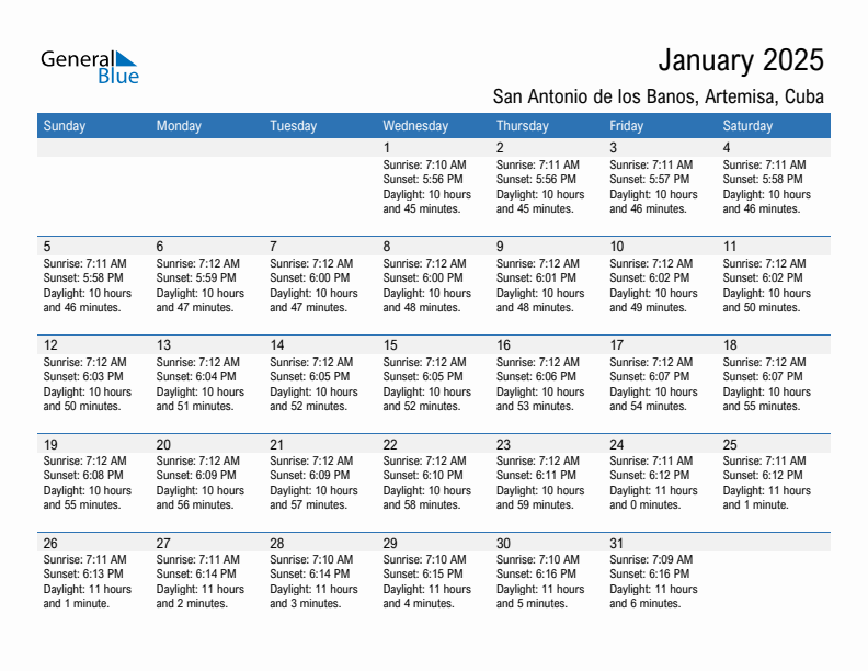 San Antonio de los Banos January 2025 sunrise and sunset calendar in PDF, Excel, and Word