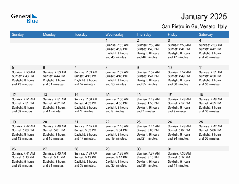 San Pietro in Gu January 2025 sunrise and sunset calendar in PDF, Excel, and Word