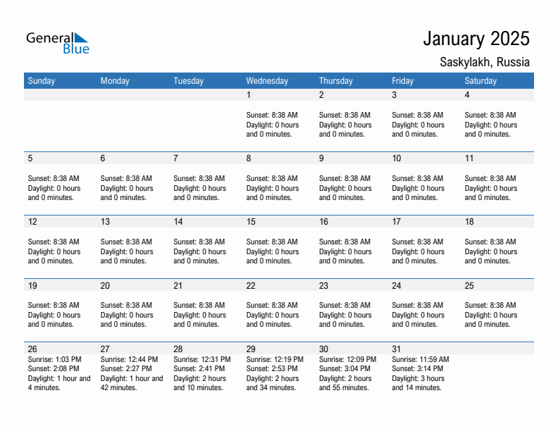 Saskylakh January 2025 sunrise and sunset calendar in PDF, Excel, and Word