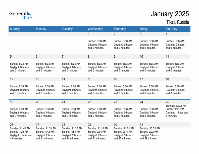 Tiksi January 2025 sunrise and sunset calendar in PDF, Excel, and Word