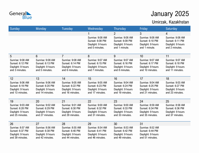 Umirzak January 2025 sunrise and sunset calendar in PDF, Excel, and Word
