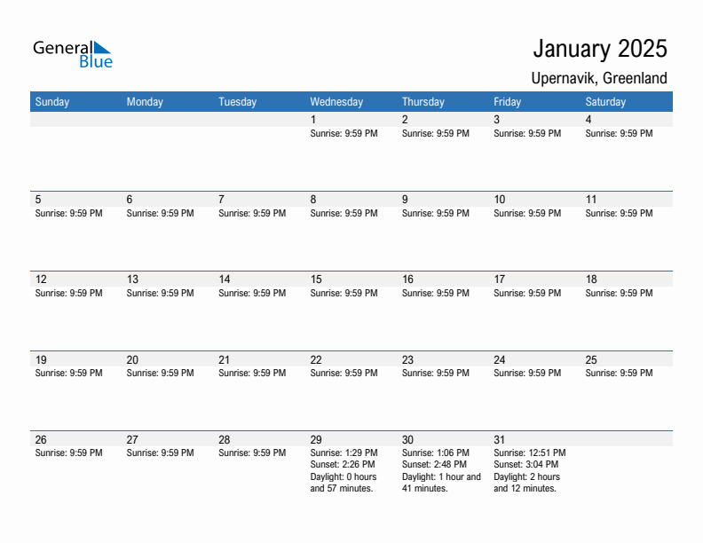 Upernavik January 2025 sunrise and sunset calendar in PDF, Excel, and Word