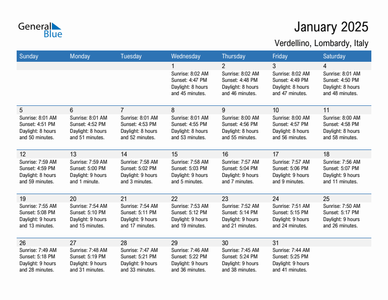 Verdellino January 2025 sunrise and sunset calendar in PDF, Excel, and Word