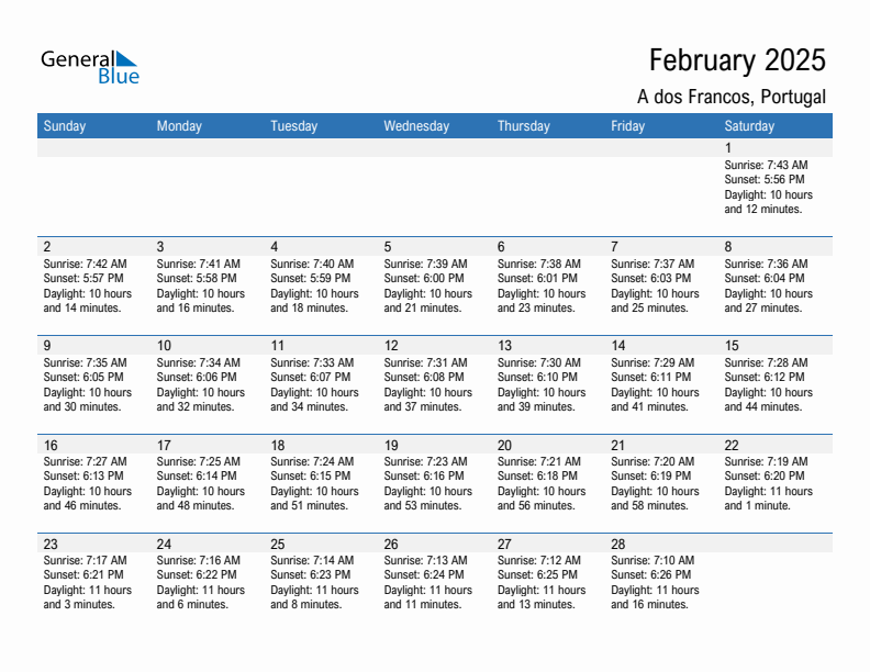 A dos Francos February 2025 sunrise and sunset calendar in PDF, Excel, and Word