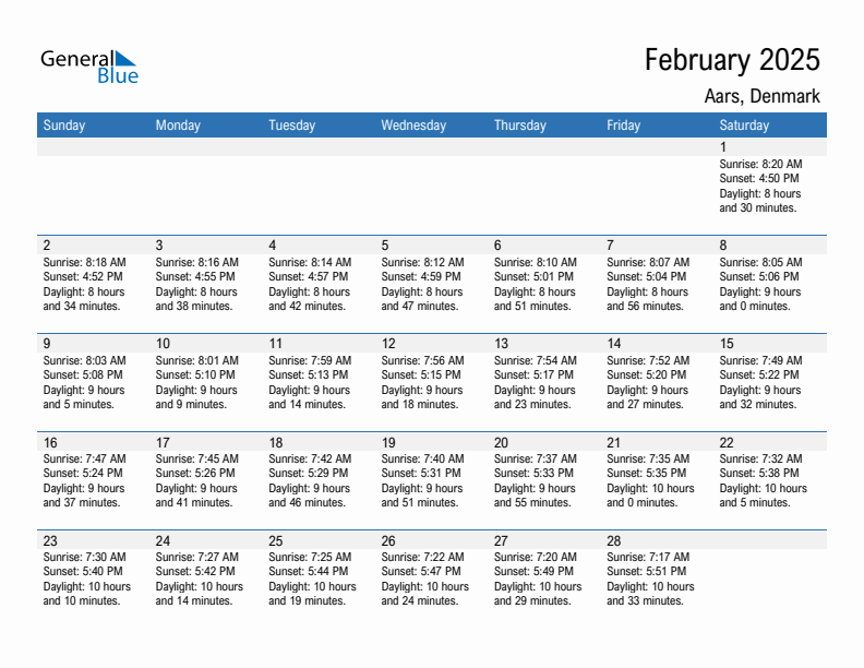 Aars February 2025 sunrise and sunset calendar in PDF, Excel, and Word