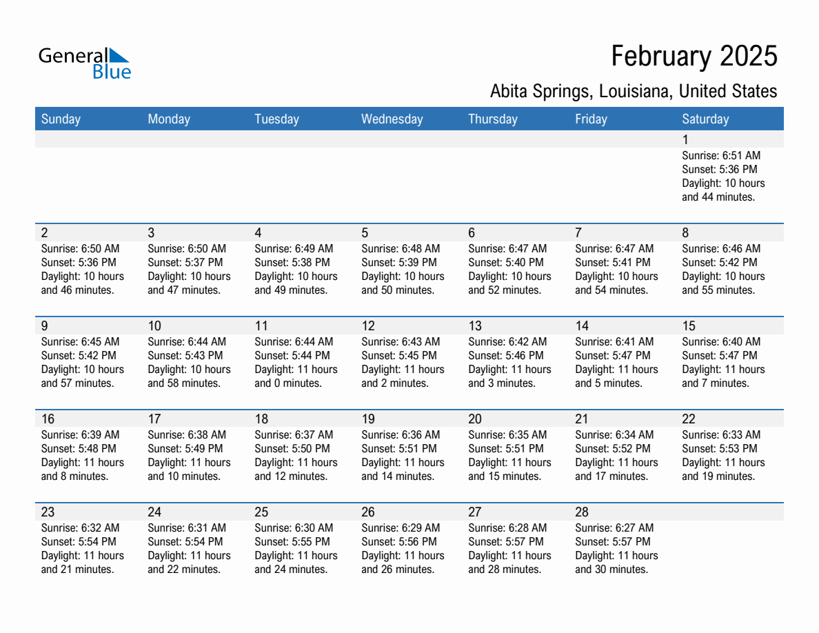 February 2025 sunrise and sunset calendar for Abita Springs