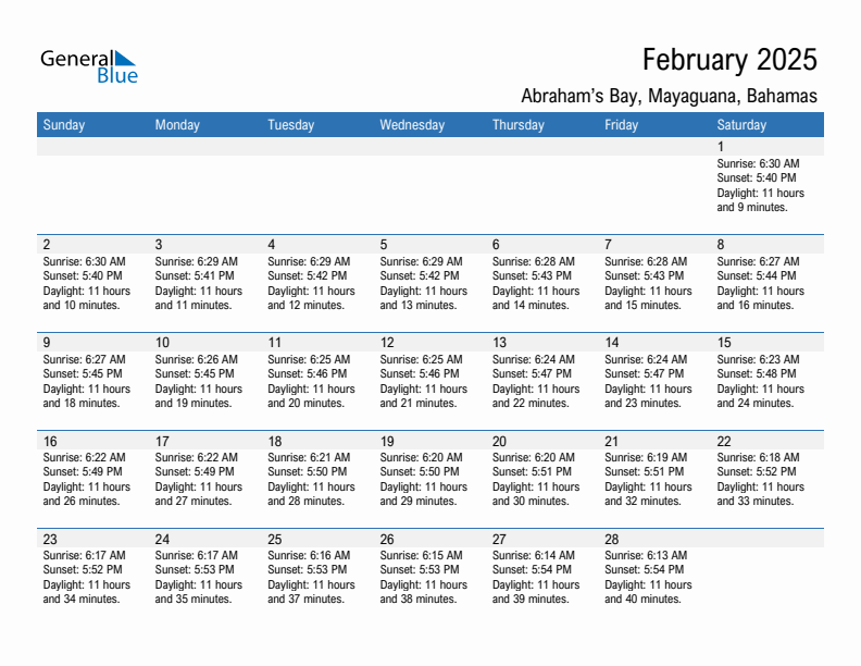 Abraham's Bay February 2025 sunrise and sunset calendar in PDF, Excel, and Word