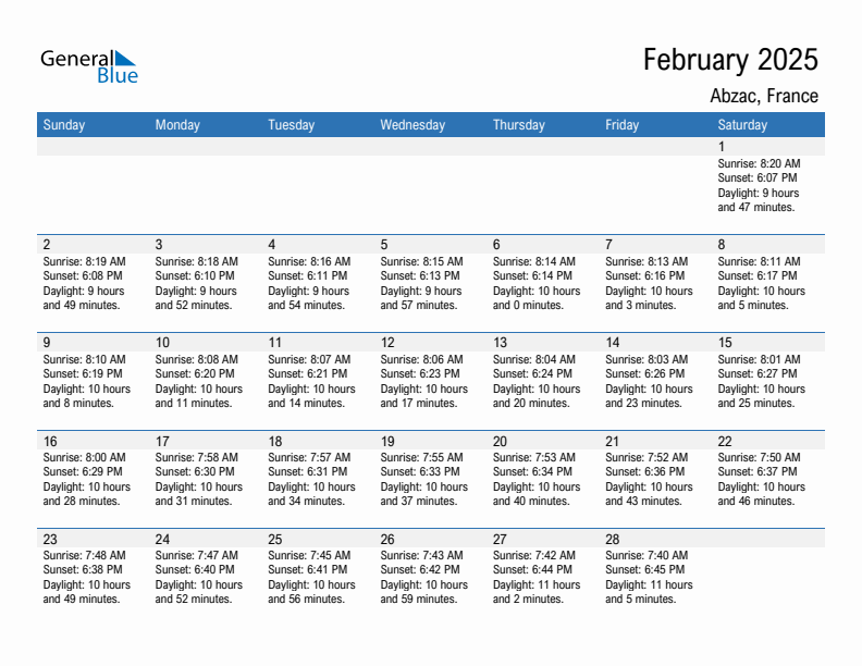 Abzac February 2025 sunrise and sunset calendar in PDF, Excel, and Word