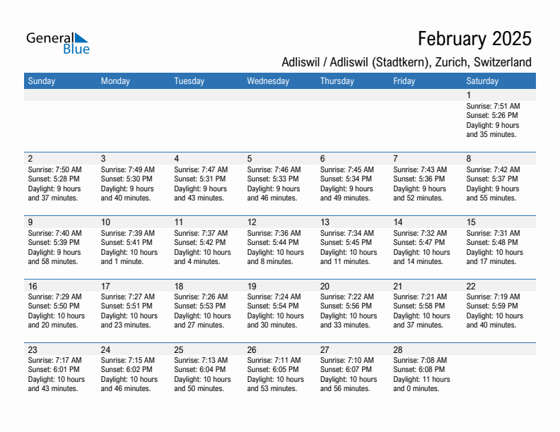 Adliswil / Adliswil (Stadtkern) February 2025 sunrise and sunset calendar in PDF, Excel, and Word