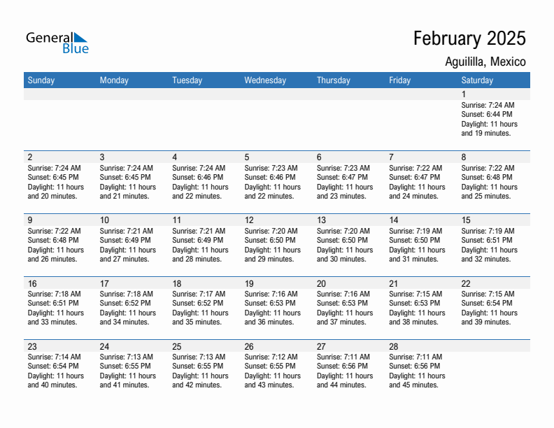 Aguililla February 2025 sunrise and sunset calendar in PDF, Excel, and Word