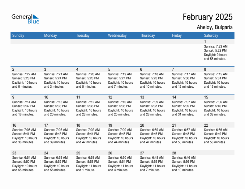 Aheloy February 2025 sunrise and sunset calendar in PDF, Excel, and Word