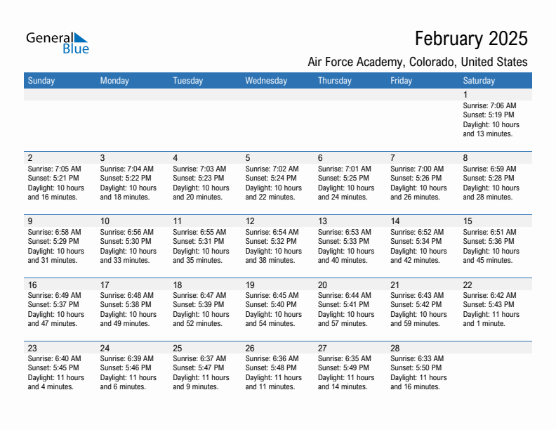 Air Force Academy February 2025 sunrise and sunset calendar in PDF, Excel, and Word