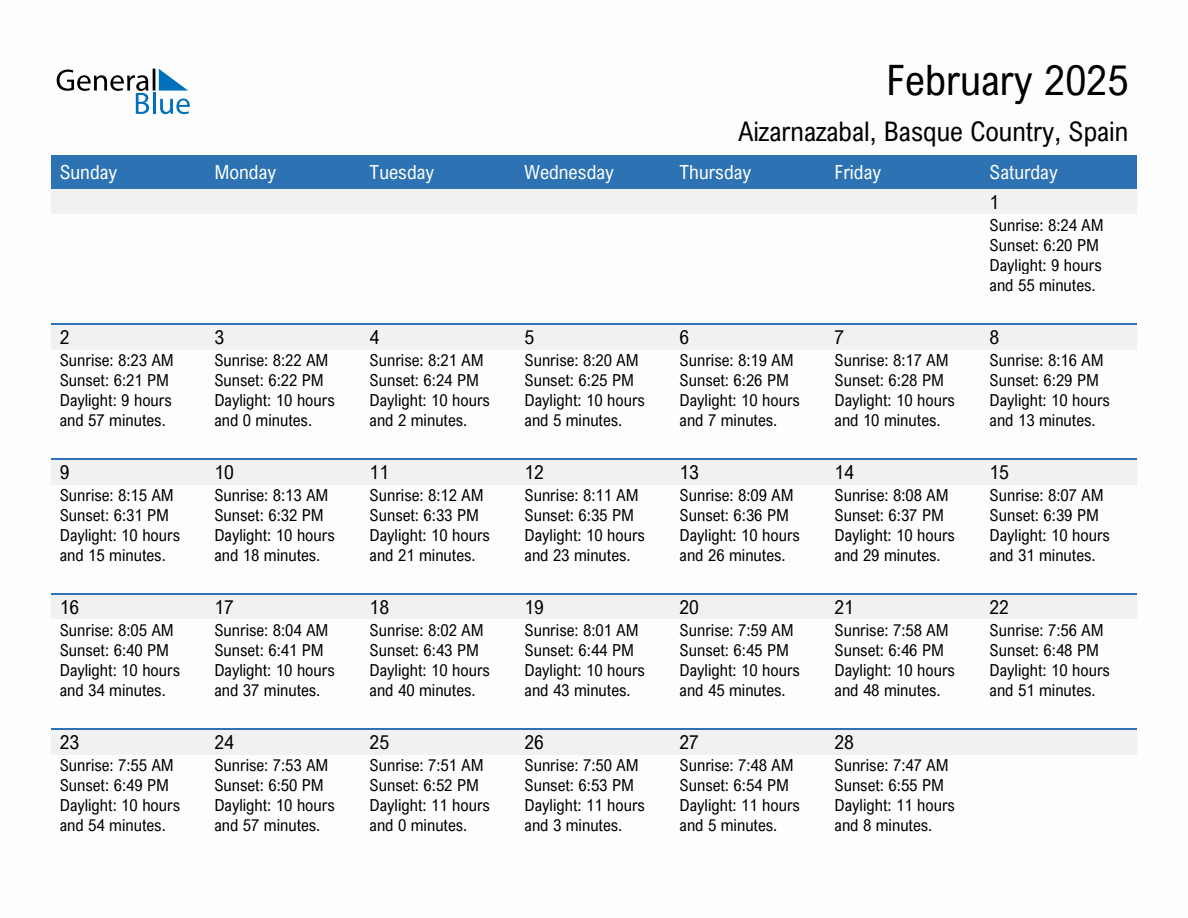 February 2025 sunrise and sunset calendar for Aizarnazabal