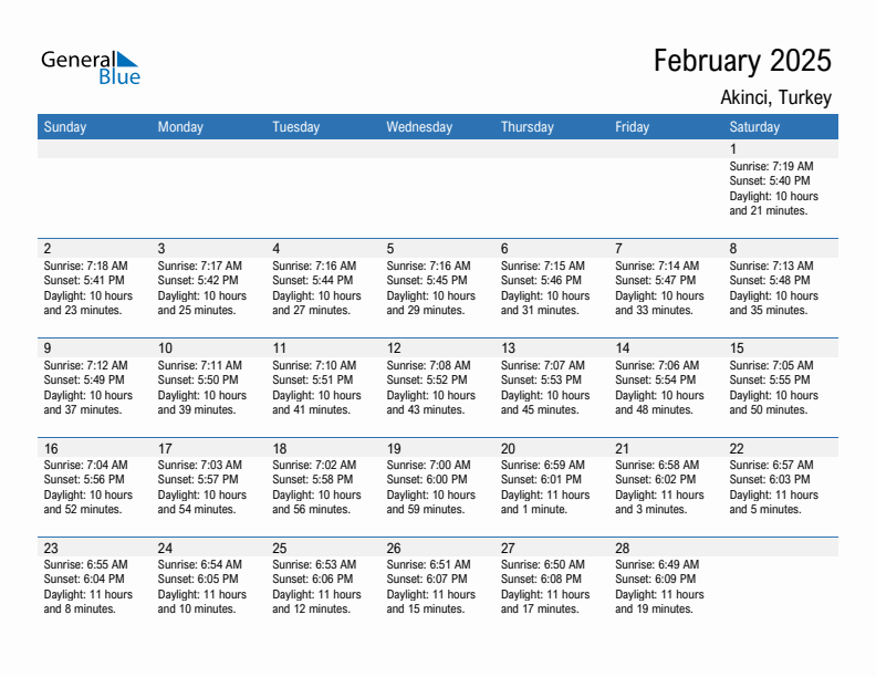 Akinci February 2025 sunrise and sunset calendar in PDF, Excel, and Word