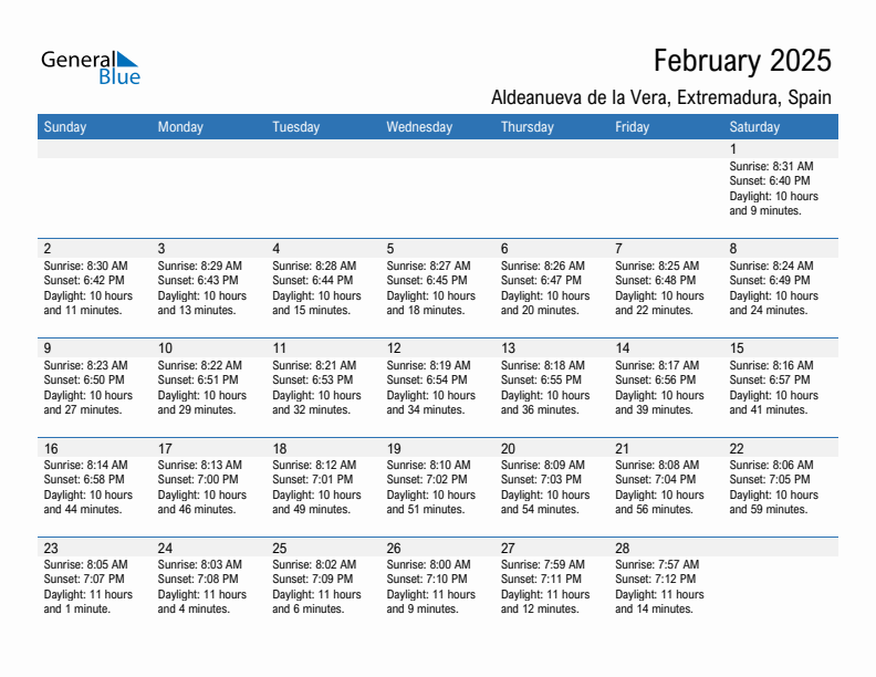 Aldeanueva de la Vera February 2025 sunrise and sunset calendar in PDF, Excel, and Word