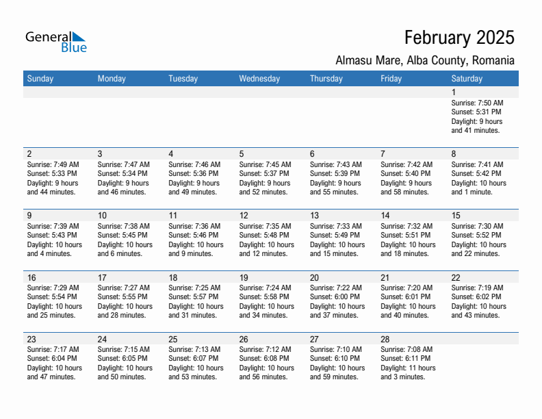 Almasu Mare February 2025 sunrise and sunset calendar in PDF, Excel, and Word