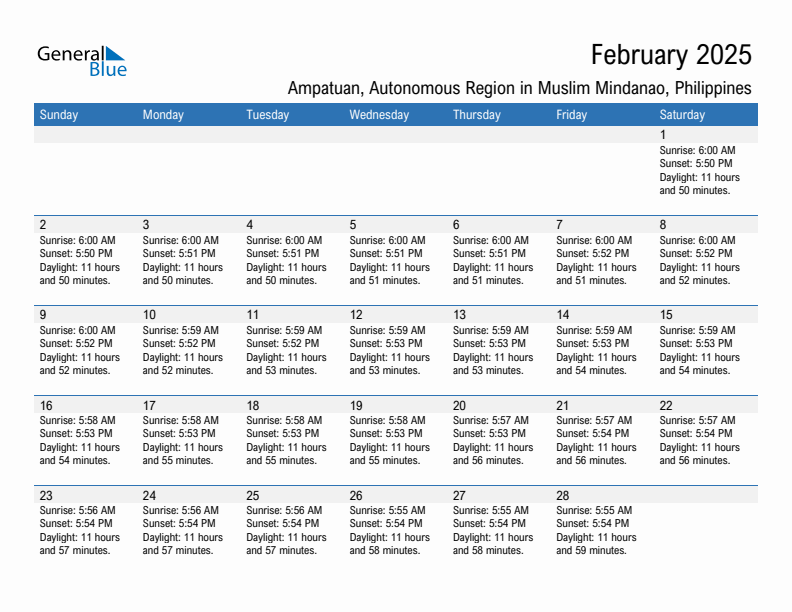 Ampatuan February 2025 sunrise and sunset calendar in PDF, Excel, and Word