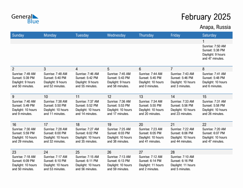 Anapa February 2025 sunrise and sunset calendar in PDF, Excel, and Word