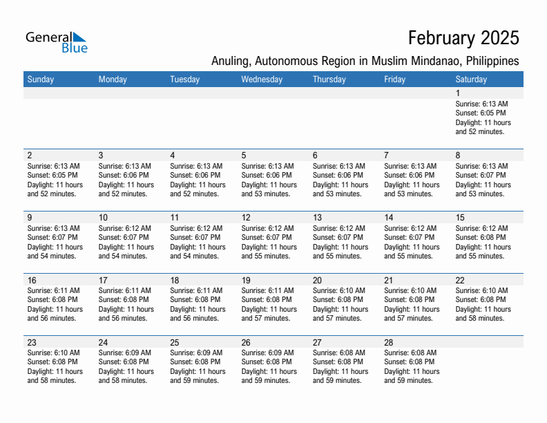 Anuling February 2025 sunrise and sunset calendar in PDF, Excel, and Word