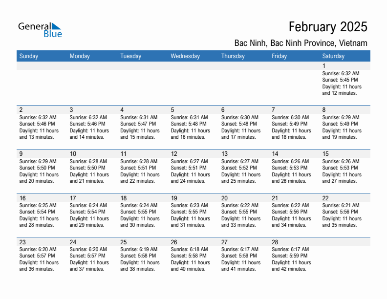 Bac Ninh February 2025 sunrise and sunset calendar in PDF, Excel, and Word