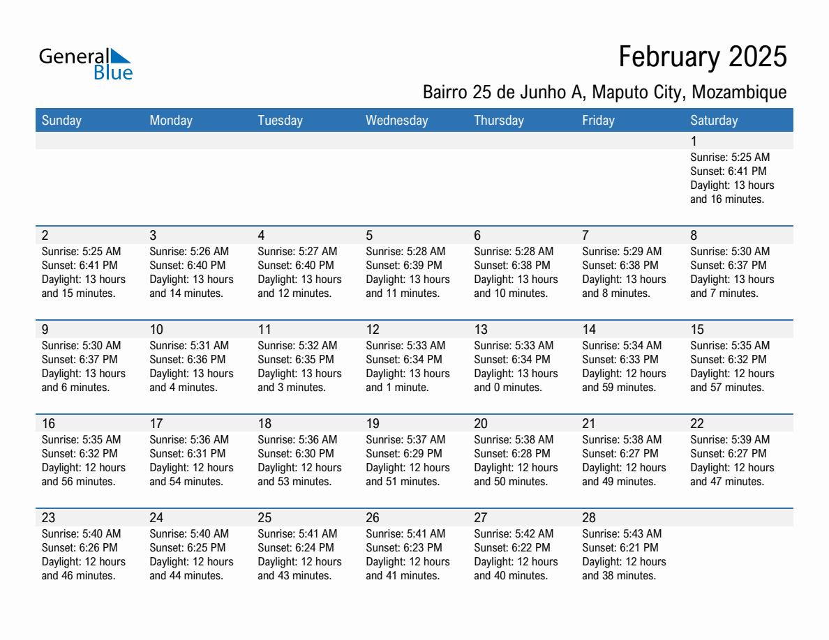 February 2025 sunrise and sunset calendar for Bairro 25 de Junho A