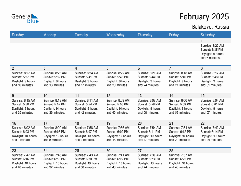 Balakovo February 2025 sunrise and sunset calendar in PDF, Excel, and Word