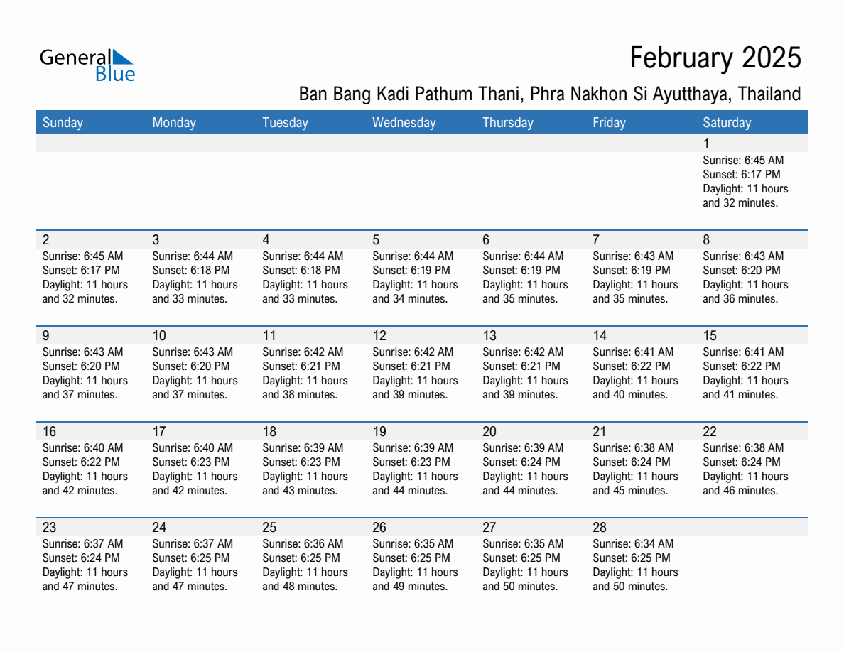 February 2025 sunrise and sunset calendar for Ban Bang Kadi Pathum Thani