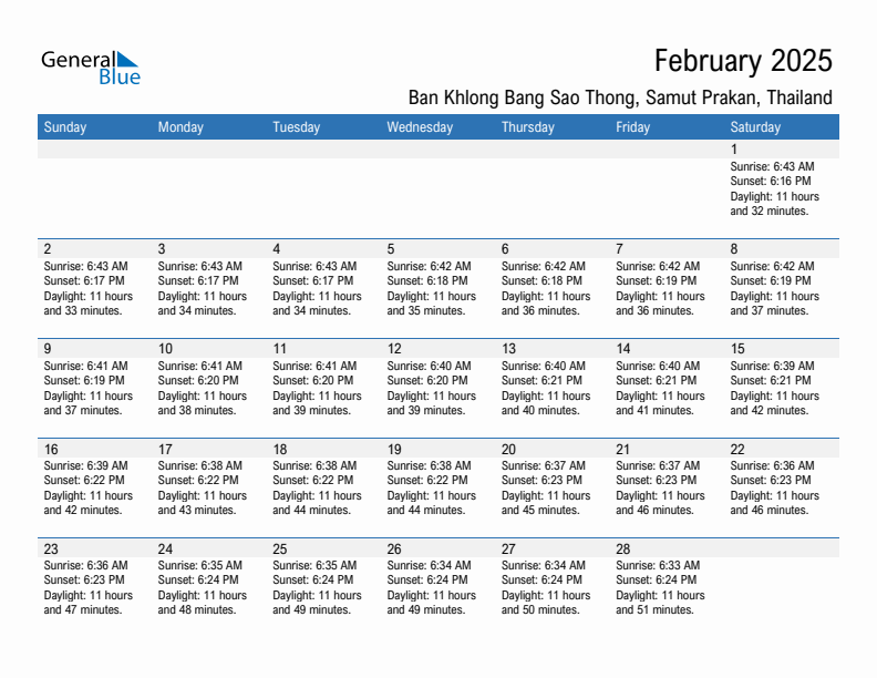 Ban Khlong Bang Sao Thong February 2025 sunrise and sunset calendar in PDF, Excel, and Word