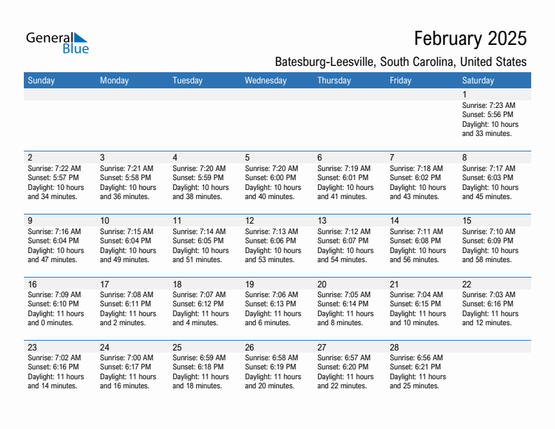 Batesburg-Leesville February 2025 sunrise and sunset calendar in PDF, Excel, and Word