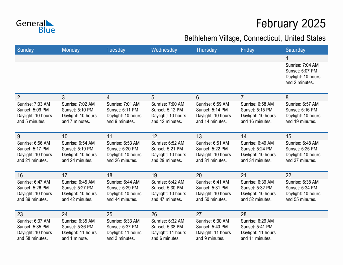 February 2025 sunrise and sunset calendar for Bethlehem Village