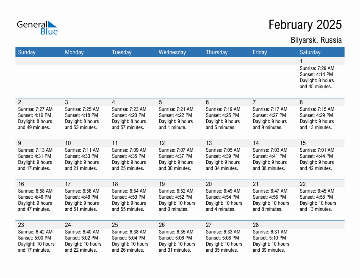 February 2025 sunrise and sunset calendar for Bilyarsk