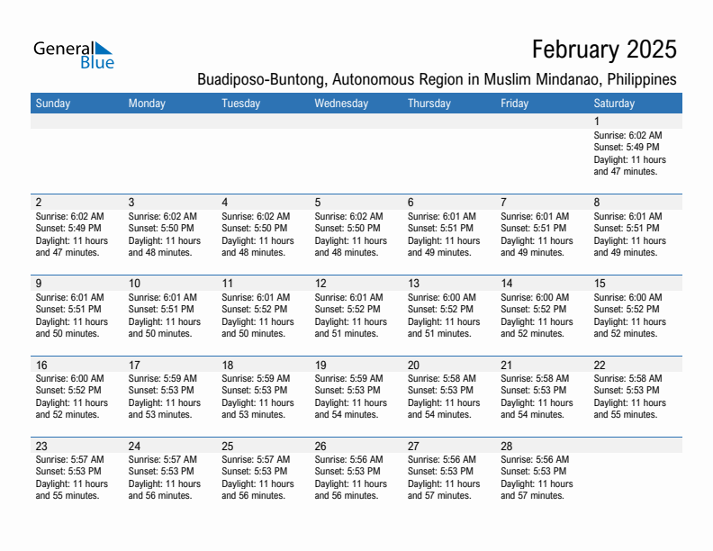 Buadiposo-Buntong February 2025 sunrise and sunset calendar in PDF, Excel, and Word