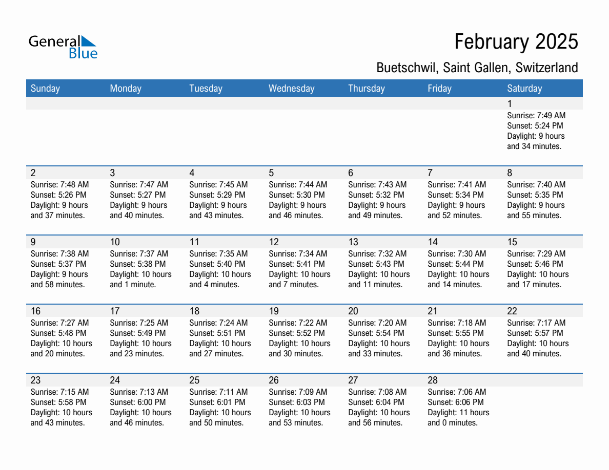 February 2025 sunrise and sunset calendar for Buetschwil