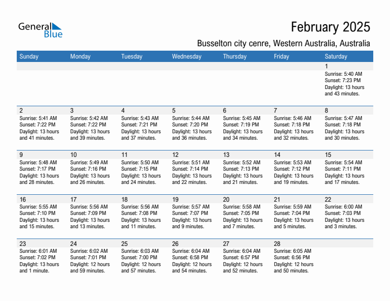 Busselton city cenre February 2025 sunrise and sunset calendar in PDF, Excel, and Word