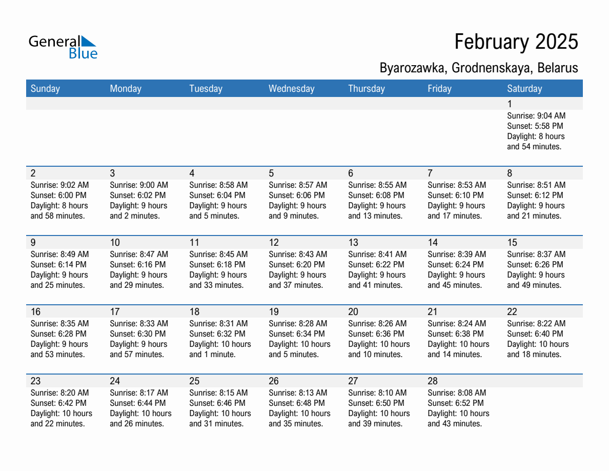 February 2025 sunrise and sunset calendar for Byarozawka