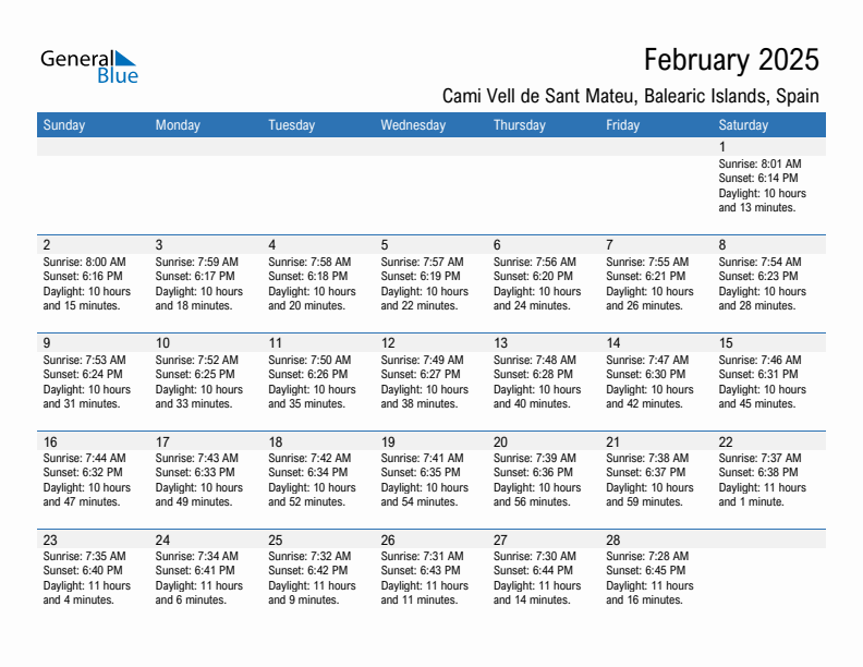 Cami Vell de Sant Mateu February 2025 sunrise and sunset calendar in PDF, Excel, and Word