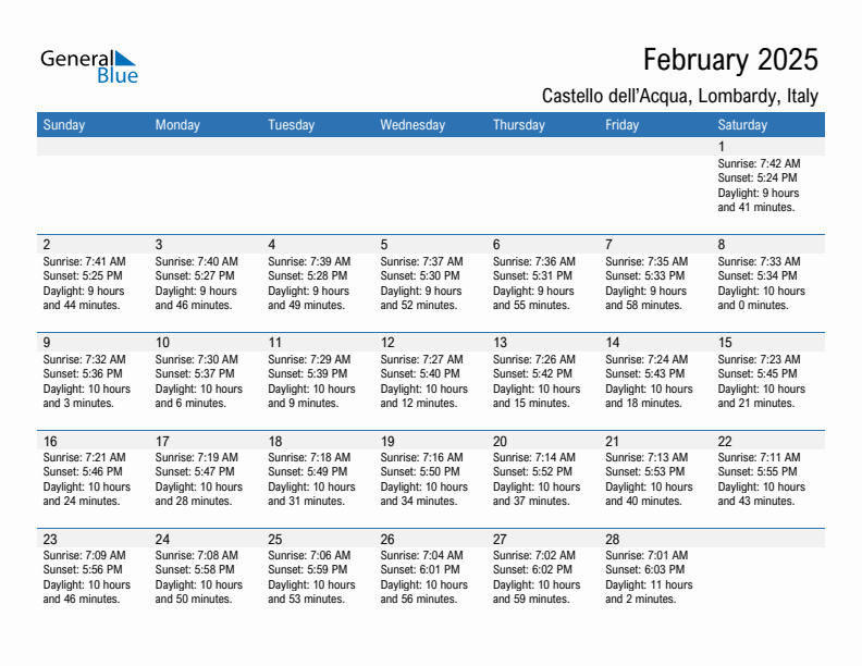 Castello dell'Acqua February 2025 sunrise and sunset calendar in PDF, Excel, and Word