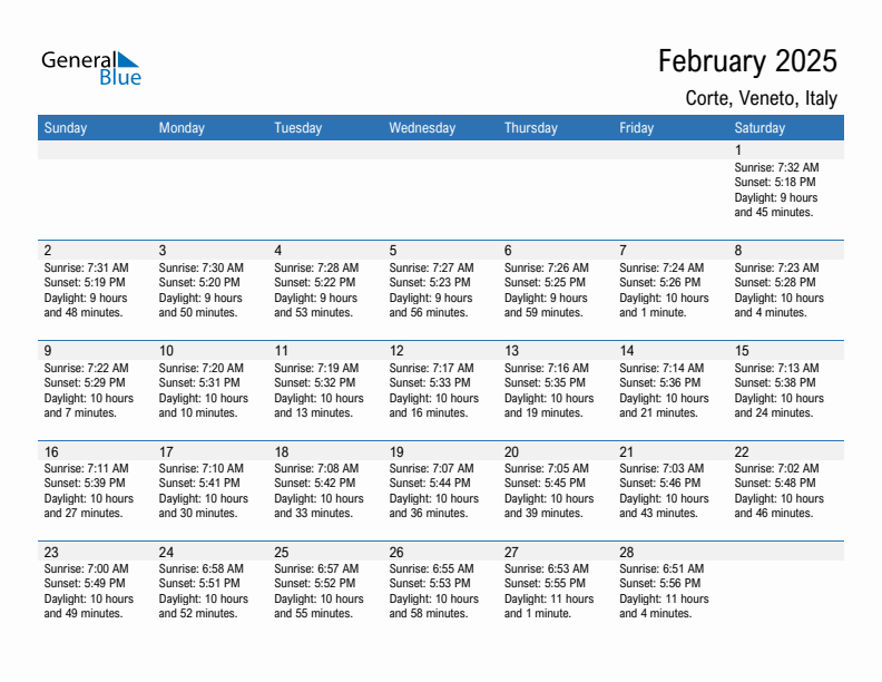 Corte February 2025 sunrise and sunset calendar in PDF, Excel, and Word