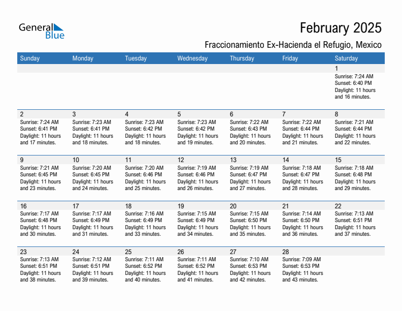 Fraccionamiento Ex-Hacienda el Refugio February 2025 sunrise and sunset calendar in PDF, Excel, and Word