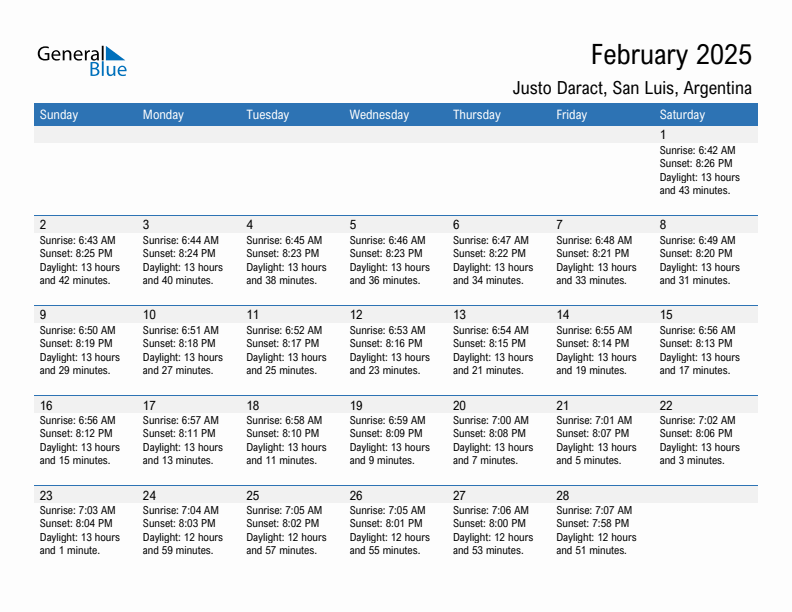 Justo Daract February 2025 sunrise and sunset calendar in PDF, Excel, and Word