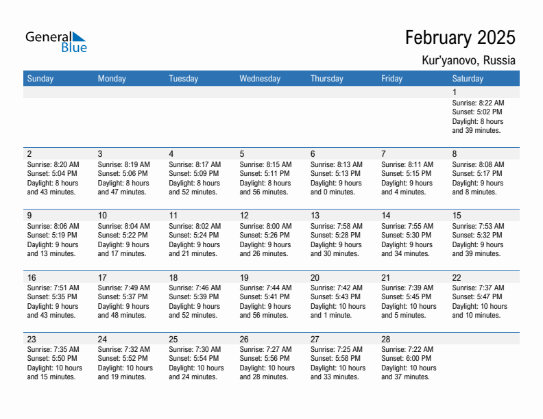 Kur'yanovo February 2025 sunrise and sunset calendar in PDF, Excel, and Word