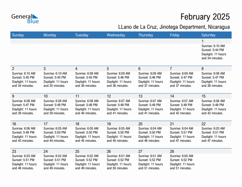 LLano de La Cruz February 2025 sunrise and sunset calendar in PDF, Excel, and Word