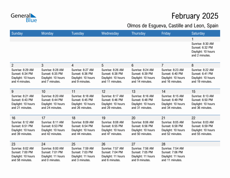 Olmos de Esgueva February 2025 sunrise and sunset calendar in PDF, Excel, and Word