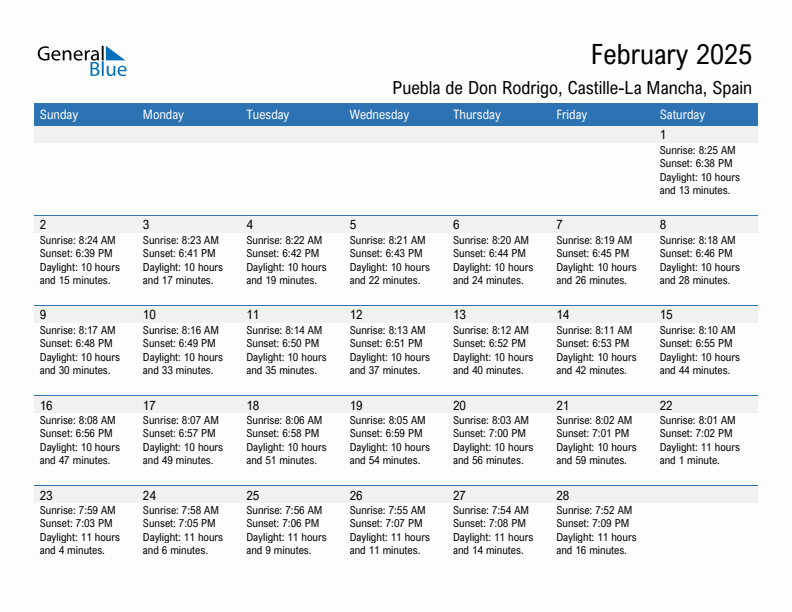 Puebla de Don Rodrigo February 2025 sunrise and sunset calendar in PDF, Excel, and Word