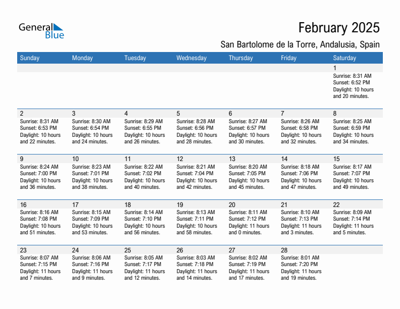 San Bartolome de la Torre February 2025 sunrise and sunset calendar in PDF, Excel, and Word