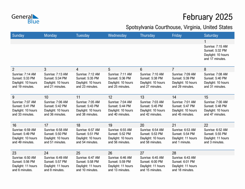 Spotsylvania Courthouse February 2025 sunrise and sunset calendar in PDF, Excel, and Word