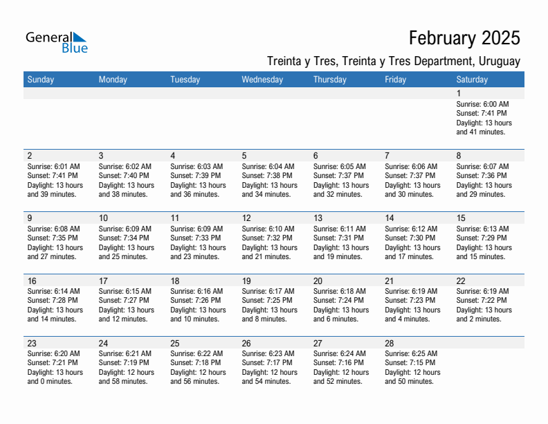 Treinta y Tres February 2025 sunrise and sunset calendar in PDF, Excel, and Word