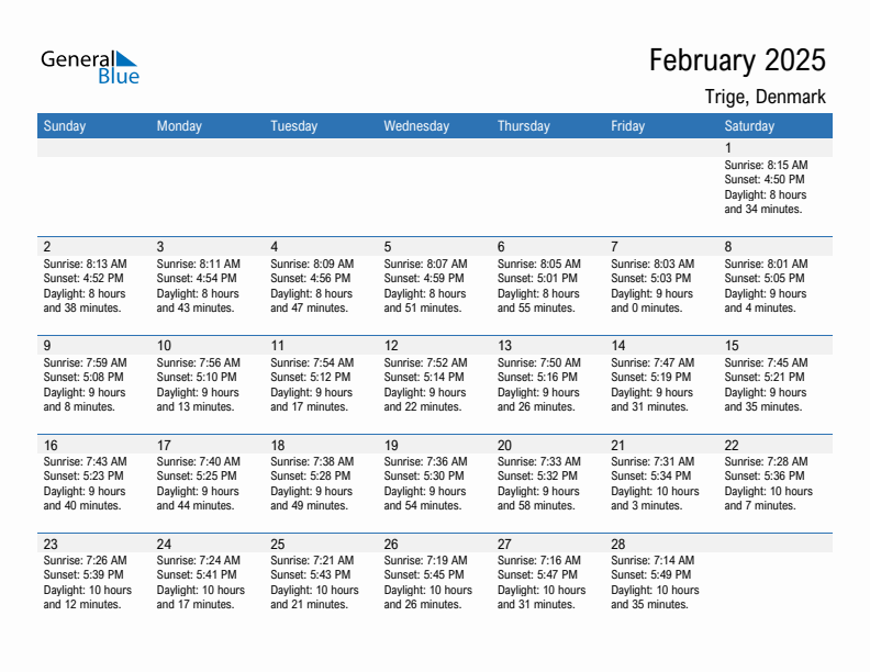 Trige February 2025 sunrise and sunset calendar in PDF, Excel, and Word