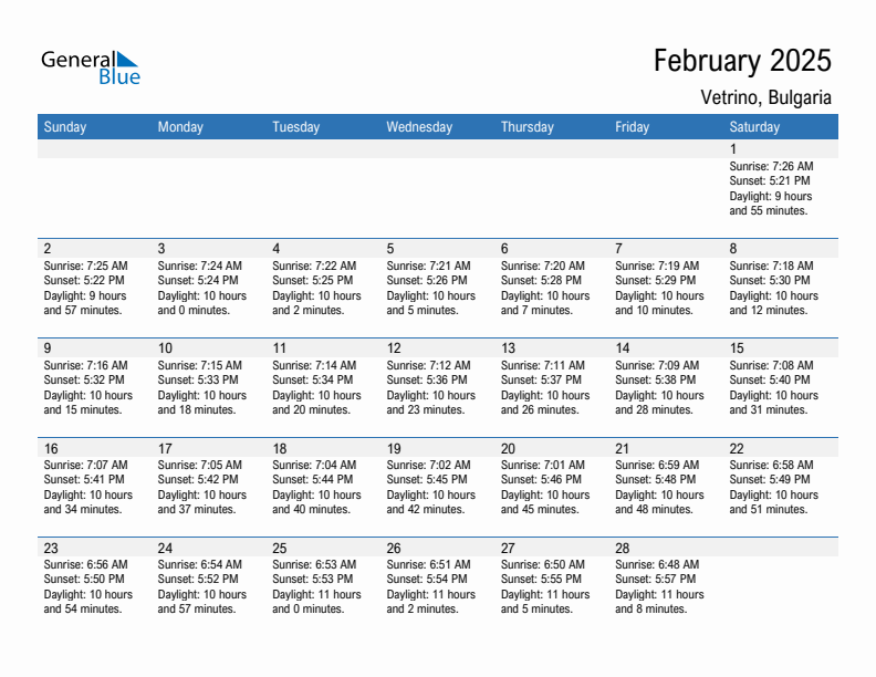 Vetrino February 2025 sunrise and sunset calendar in PDF, Excel, and Word